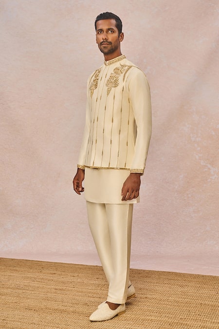 Shop_Masaba_Ivory Dupion, Silk Zari, Beads, Pehli Kiran Embellished Bundi Kurta Set _Online_at_Aza_Fashions