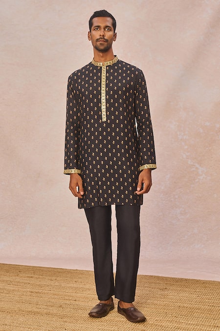 Buy_Masaba_Black Silk Zari, Beads, Embroidery Pyaar Ke Charche Printed Bundi Kurta Set _Online_at_Aza_Fashions