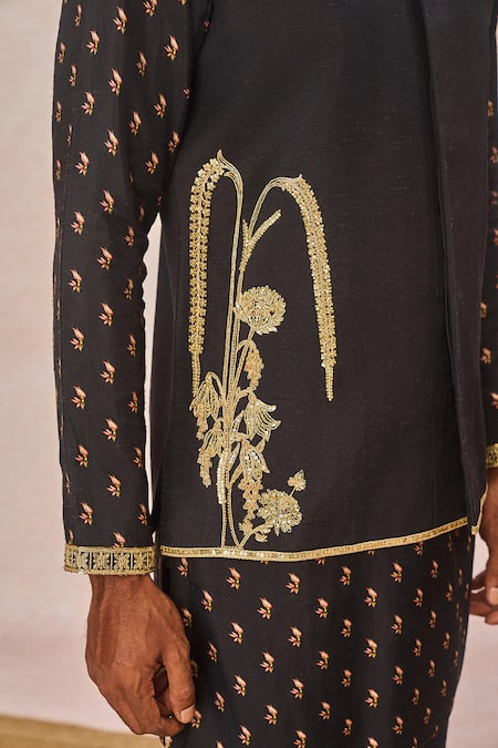 Masaba_Black Silk Zari, Beads, Embroidery Pyaar Ke Charche Printed Bundi Kurta Set _at_Aza_Fashions