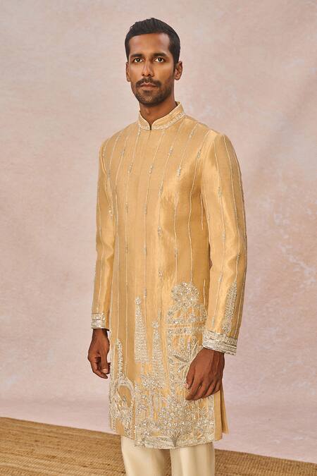 Masaba_Gold Silk, Tissue Embroidery, Chandni Gul Jharokha Embellished Sherwani Set _Online_at_Aza_Fashions