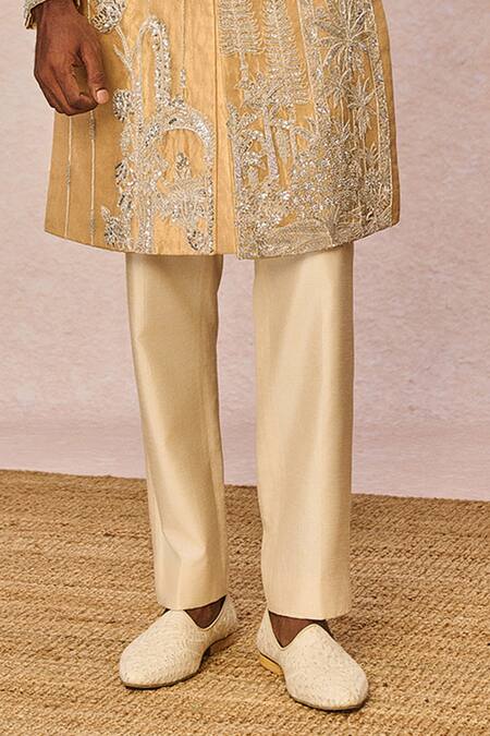 Shop_Masaba_Gold Silk, Tissue Embroidery, Chandni Gul Jharokha Embellished Sherwani Set _Online_at_Aza_Fashions
