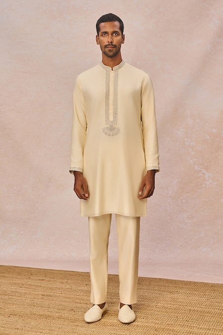 Masaba_Gold Silk, Tissue Embroidery, Chandni Gul Jharokha Embellished Sherwani Set _at_Aza_Fashions