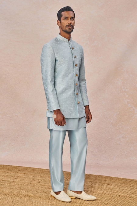Masaba_Blue Silk Sequins, Embroidery Pehli Baarish Embellished Sherwani Set _Online_at_Aza_Fashions
