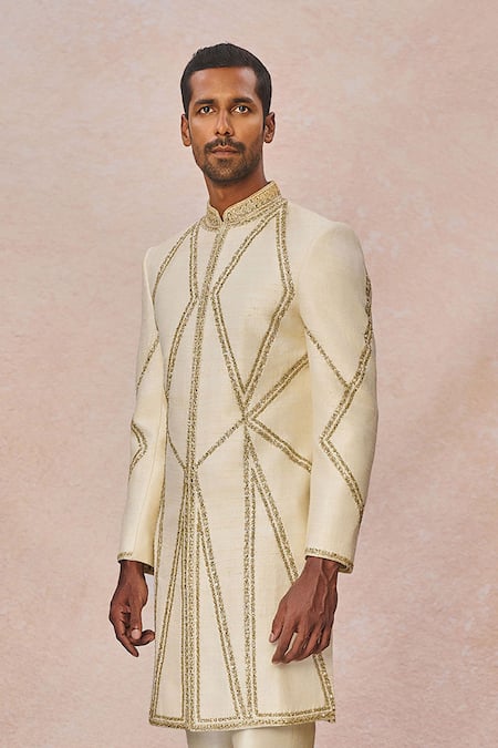 Masaba_Ivory Silk, Dupion Embroidery, Sequins, Beads, Namkeen Embellished Sherwani Set _Online_at_Aza_Fashions