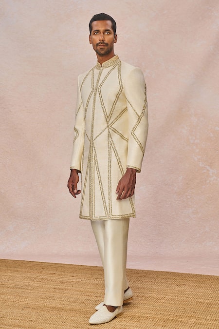 Masaba_Ivory Silk, Dupion Embroidery, Sequins, Beads, Namkeen Embellished Sherwani Set _at_Aza_Fashions
