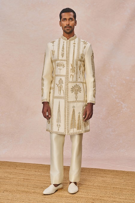 Shop_Masaba_Ivory Silk, Dupion Embroidery, Tere Peeche Chala Aaya Embellished Sherwani Set _Online_at_Aza_Fashions