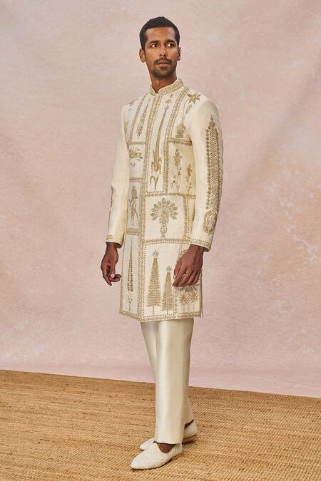 Masaba_Ivory Silk, Dupion Embroidery, Tere Peeche Chala Aaya Embellished Sherwani Set _at_Aza_Fashions