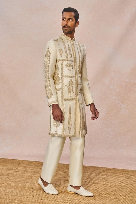 Shop_Masaba_Ivory Silk, Dupion Embroidery, Tere Peeche Chala Aaya Embellished Sherwani Set 