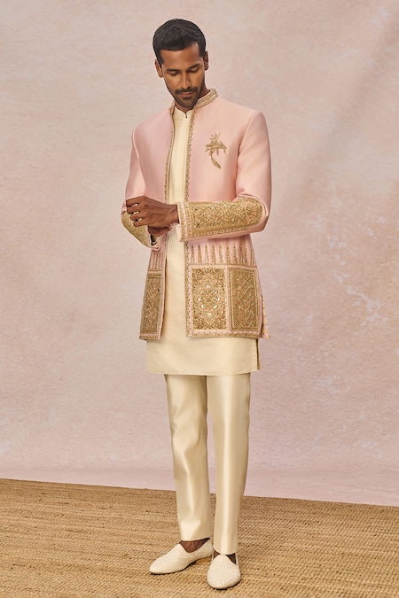 Shop_Masaba_Pink Silk, Jacquard Embroidery, Metallic Thread Gulposh Raja Jacket Kurta Set _Online_at_Aza_Fashions