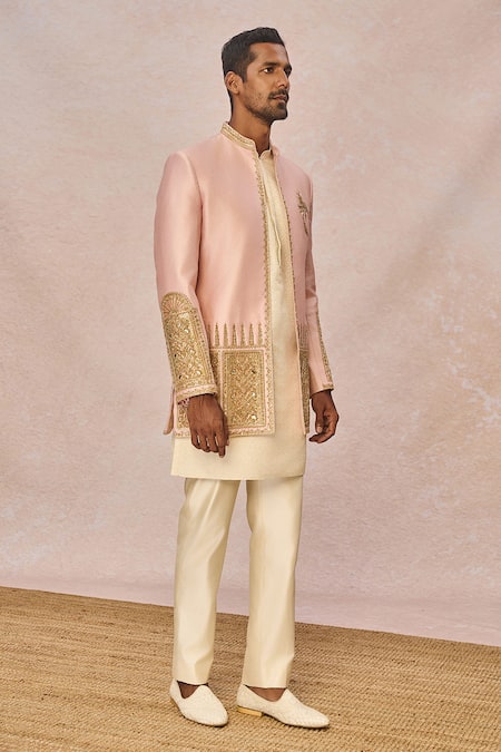 Masaba_Pink Silk, Jacquard Embroidery, Metallic Thread Gulposh Raja Jacket Kurta Set _at_Aza_Fashions