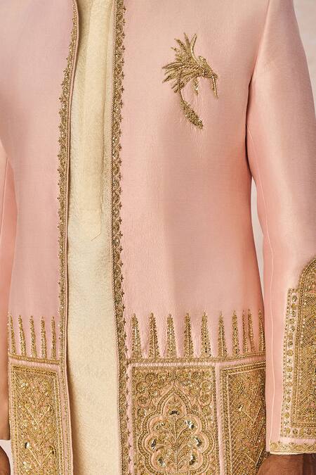 Shop_Masaba_Pink Silk, Jacquard Embroidery, Metallic Thread Gulposh Raja Jacket Kurta Set 