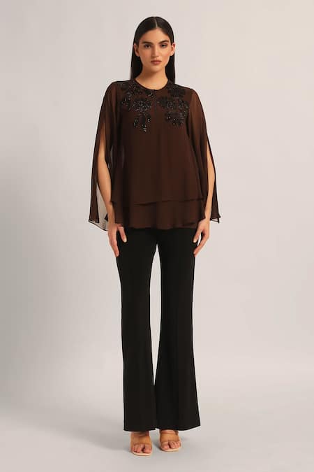 Namrata Joshipura_Brown Viscose Beads Round Neck Midnight Bloom Layered Top _Online_at_Aza_Fashions