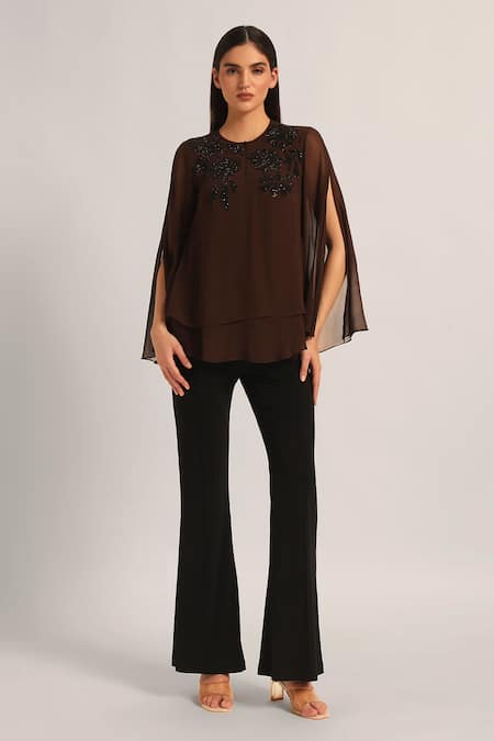 Buy_Namrata Joshipura_Brown Viscose Beads Round Neck Midnight Bloom Layered Top _Online_at_Aza_Fashions