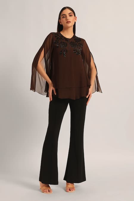 Shop_Namrata Joshipura_Brown Viscose Beads Round Neck Midnight Bloom Layered Top _Online_at_Aza_Fashions