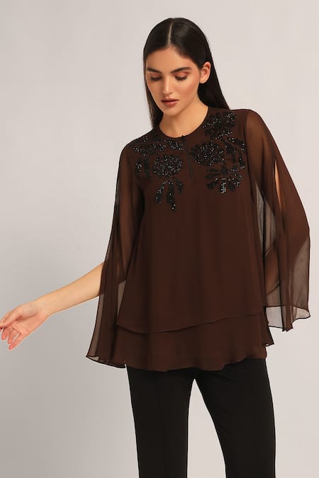 Namrata Joshipura_Brown Viscose Beads Round Neck Midnight Bloom Layered Top _at_Aza_Fashions