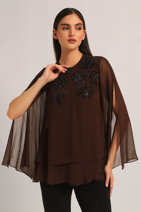 Buy_Namrata Joshipura_Brown Viscose Beads Round Neck Midnight Bloom Layered Top 