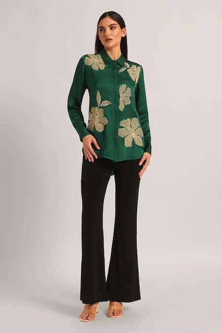 Namrata Joshipura Green Modal, Linen Embroidery, Sequins Collared Poppy Flower Shirt Online at Aza Fashions Namrata Joshipura_Green Modal, Linen Embroidery, Sequins Collared Poppy Flower Shirt _Online_at_Aza_Fashions
