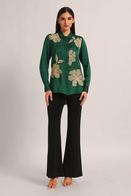 Buy Namrata Joshipura Green Modal, Linen Embroidery, Sequins Collared Poppy Flower Shirt Online at Aza Fashions Buy_Namrata Joshipura_Green Modal, Linen Embroidery, Sequins Collared Poppy Flower Shirt _Online_at_Aza_Fashions