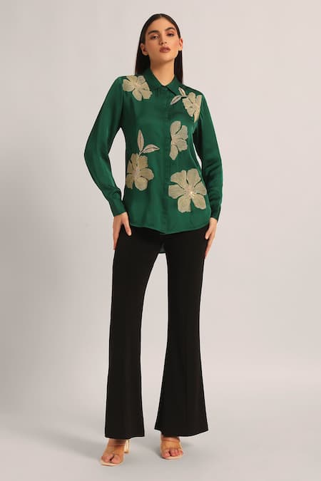 Shop Namrata Joshipura Green Modal, Linen Embroidery, Sequins Collared Poppy Flower Shirt Online at Aza Fashions Shop_Namrata Joshipura_Green Modal, Linen Embroidery, Sequins Collared Poppy Flower Shirt _Online_at_Aza_Fashions