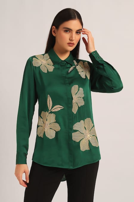 Namrata Joshipura Green Modal, Linen Embroidery, Sequins Collared Poppy Flower Shirt at Aza Fashions Namrata Joshipura_Green Modal, Linen Embroidery, Sequins Collared Poppy Flower Shirt _at_Aza_Fashions