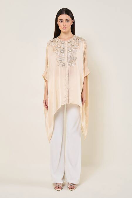 Namrata Joshipura Ivory Satin Embroidery, Beads, Sequins Round Amara Front Handkerchief Tunic Online at Aza Fashions Namrata Joshipura_Ivory Satin Embroidery, Beads, Sequins Round Amara Front Handkerchief Tunic _Online_at_Aza_Fashions