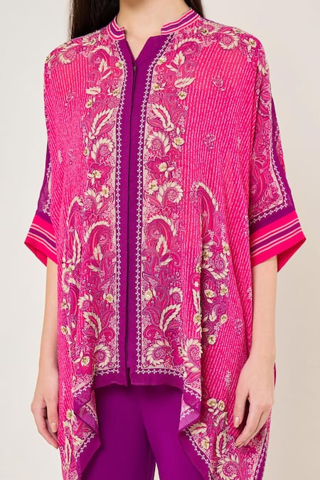 Buy_Namrata Joshipura_Fuchsia Georgette Mandarin Collar, Split V-neck Paisley Printed Asymetrric Tunic _Online_at_Aza_Fashions