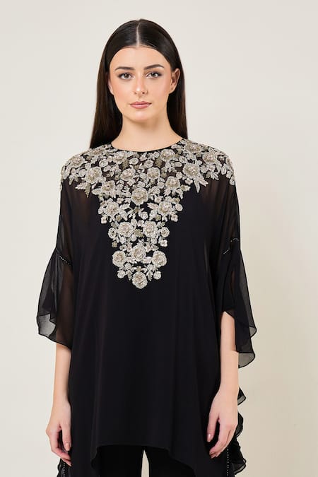 Buy_Namrata Joshipura_Black Viscose Georgette Beads, Sequins, Embroidery Round Neck, Amara Frill Tunic _Online_at_Aza_Fashions