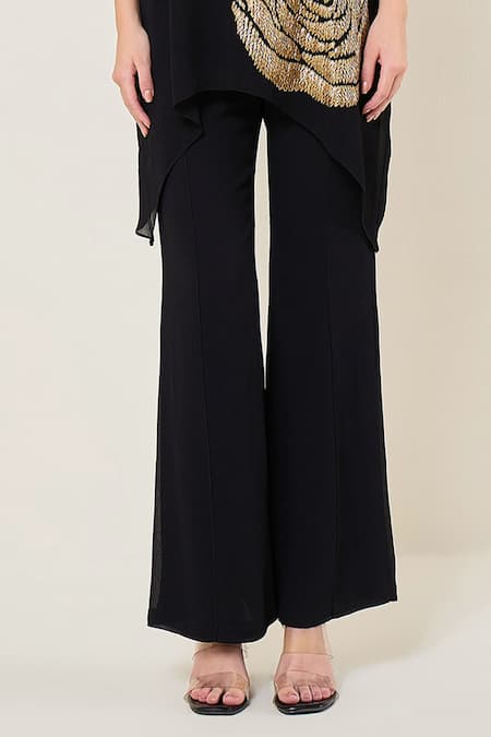 Namrata Joshipura_Black Georgette Sequins, Metallic Thread Collared Rosette Bark Zipper Tunic _Online_at_Aza_Fashions