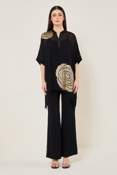 Namrata Joshipura Black Georgette Sequins, Metallic Thread Collared Rosette Bark Zipper Tunic