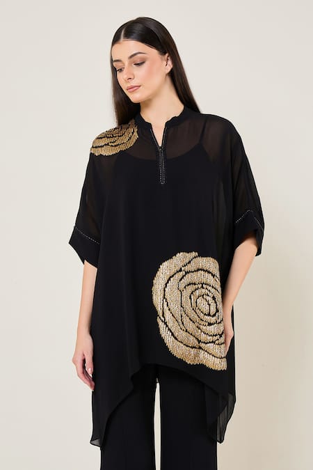 Buy_Namrata Joshipura_Black Georgette Sequins, Metallic Thread Collared Rosette Bark Zipper Tunic _Online_at_Aza_Fashions