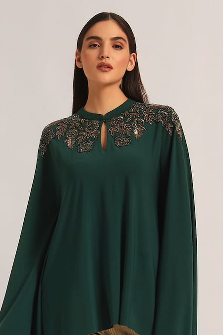 Namrata Joshipura Green Jersey Beads, Embroidery Mandarin Collar, Keyhole Neck Marielle Cape Tunic Online at Aza Fashions Namrata Joshipura_Green Jersey Beads, Embroidery Mandarin Collar, Keyhole Neck Marielle Cape Tunic _Online_at_Aza_Fashions