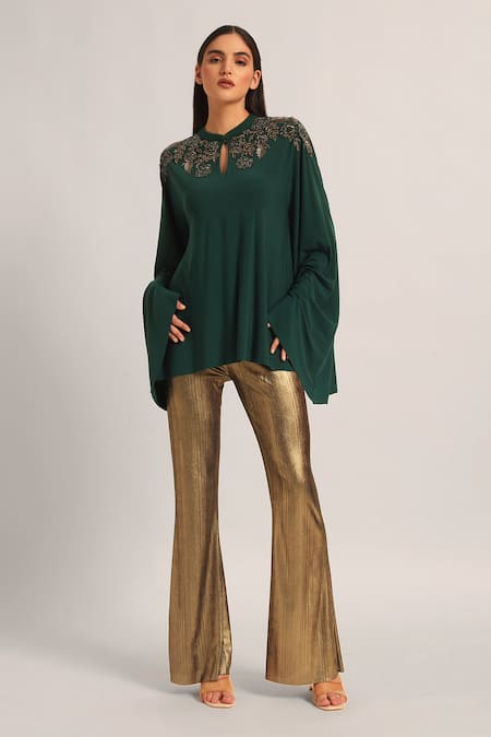 Buy Namrata Joshipura Green Jersey Beads, Embroidery Mandarin Collar, Keyhole Neck Marielle Cape Tunic Online at Aza Fashions Buy_Namrata Joshipura_Green Jersey Beads, Embroidery Mandarin Collar, Keyhole Neck Marielle Cape Tunic _Online_at_Aza_Fashions
