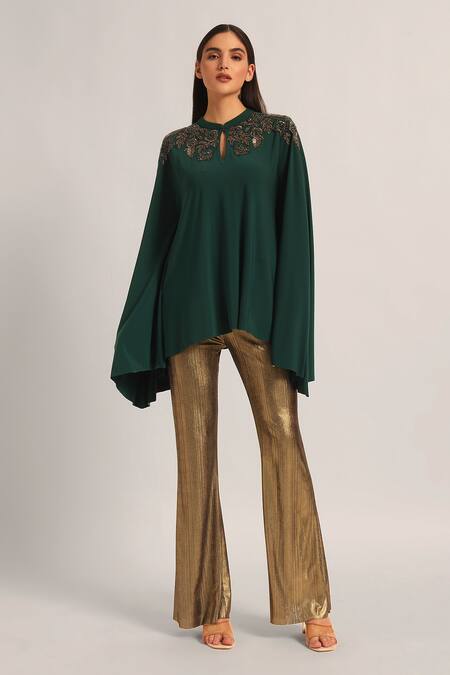 Shop Namrata Joshipura Green Jersey Beads, Embroidery Mandarin Collar, Keyhole Neck Marielle Cape Tunic Online at Aza Fashions Shop_Namrata Joshipura_Green Jersey Beads, Embroidery Mandarin Collar, Keyhole Neck Marielle Cape Tunic _Online_at_Aza_Fashions