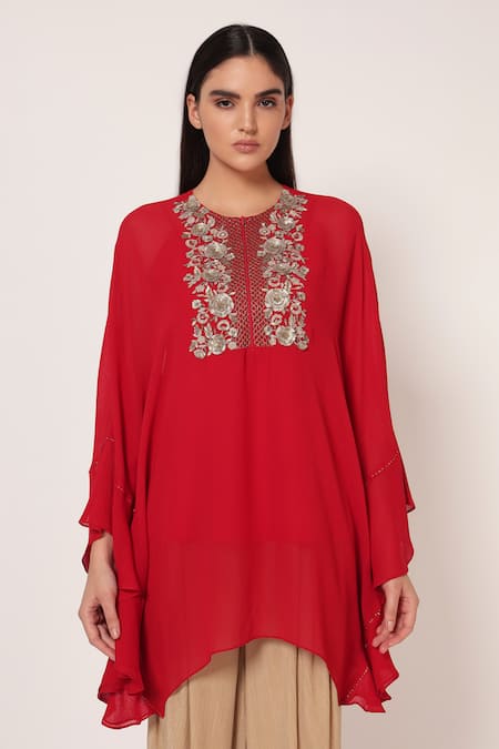 Namrata Joshipura Red Georgette Embroidery, Beads Round Neck Timeless Bloom Frill Tunic Online at Aza Fashions Namrata Joshipura_Red Georgette Embroidery, Beads Round Neck Timeless Bloom Frill Tunic _Online_at_Aza_Fashions