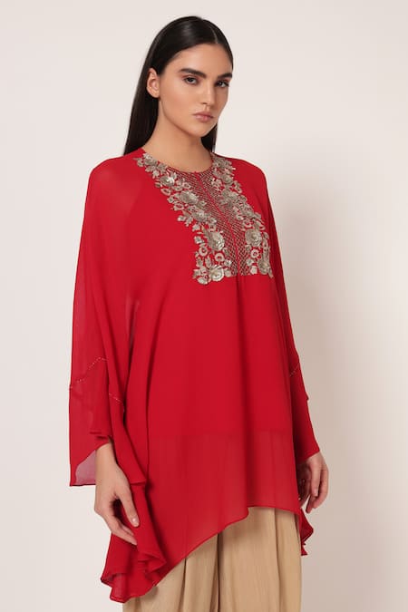 Shop Namrata Joshipura Red Georgette Embroidery, Beads Round Neck Timeless Bloom Frill Tunic Online at Aza Fashions Shop_Namrata Joshipura_Red Georgette Embroidery, Beads Round Neck Timeless Bloom Frill Tunic _Online_at_Aza_Fashions