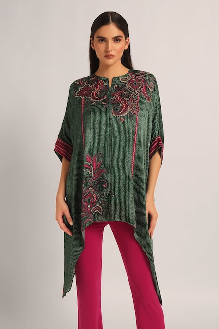Namrata Joshipura Green Split V-neck Paisely Crinkle Handkerchief Tunic Online at Aza Fashions Namrata Joshipura_Green Split V-neck Paisely Crinkle Handkerchief Tunic _Online_at_Aza_Fashions