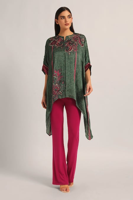 Shop Namrata Joshipura Green Split V-neck Paisely Crinkle Handkerchief Tunic Online at Aza Fashions Shop_Namrata Joshipura_Green Split V-neck Paisely Crinkle Handkerchief Tunic _Online_at_Aza_Fashions