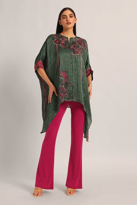 Namrata Joshipura Green Split V-neck Paisely Crinkle Handkerchief Tunic