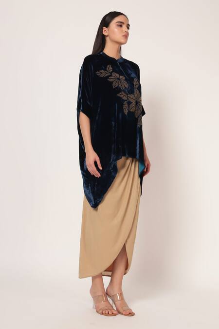 Namrata Joshipura_Teal Velvet Beads, Stones Mandarin Collar Bloom Wave Handkerchief Tunic _Online_at_Aza_Fashions