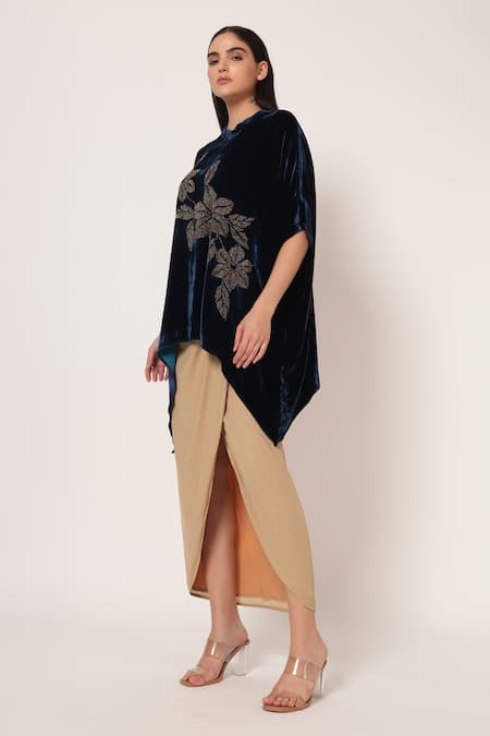 Buy_Namrata Joshipura_Teal Velvet Beads, Stones Mandarin Collar Bloom Wave Handkerchief Tunic _Online_at_Aza_Fashions