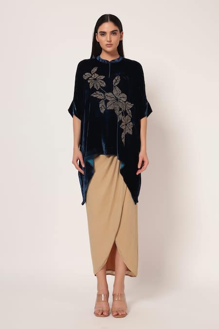 Shop_Namrata Joshipura_Teal Velvet Beads, Stones Mandarin Collar Bloom Wave Handkerchief Tunic _Online_at_Aza_Fashions