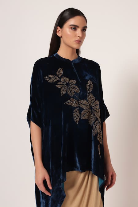 Namrata Joshipura_Teal Velvet Beads, Stones Mandarin Collar Bloom Wave Handkerchief Tunic _at_Aza_Fashions