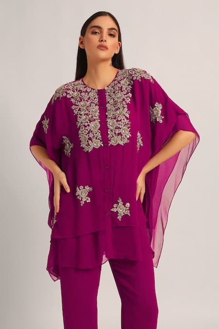 Namrata Joshipura_Magenta Viscose Georgette Embroidery, Zari Amara Double Layered Kurta And Pant Set _Online_at_Aza_Fashions