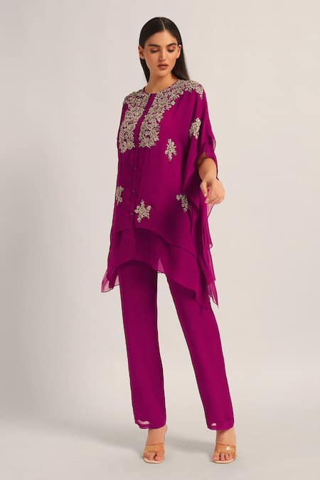 Buy_Namrata Joshipura_Magenta Viscose Georgette Embroidery, Zari Amara Double Layered Kurta And Pant Set _Online_at_Aza_Fashions