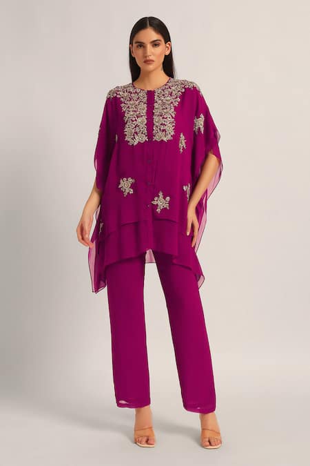 Shop_Namrata Joshipura_Magenta Viscose Georgette Embroidery, Zari Amara Double Layered Kurta And Pant Set _Online_at_Aza_Fashions