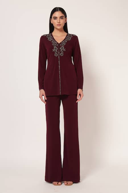 Namrata Joshipura_Wine Jersey Beads, Metallic Thread, Embroidery Marielle Front Open Top With Pant _Online_at_Aza_Fashions