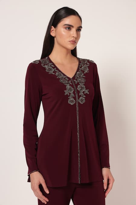 Namrata Joshipura_Wine Jersey Beads, Metallic Thread, Embroidery Marielle Front Open Top With Pant _at_Aza_Fashions