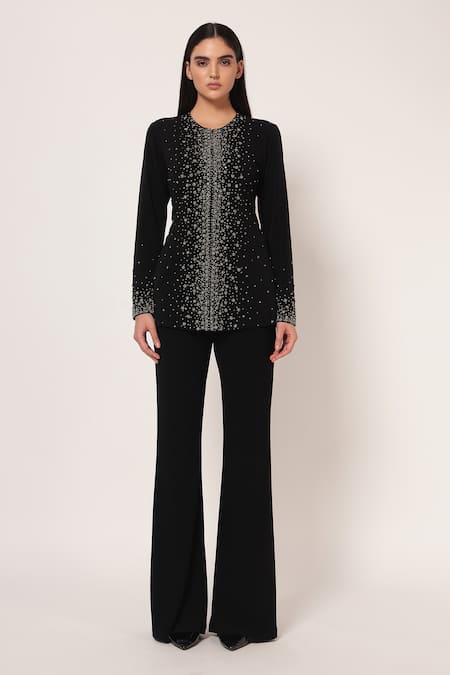 Buy_Namrata Joshipura_Black Jersey Sequins, Stones Round Neck Silver Dust Front Open Top With Pant _Online_at_Aza_Fashions