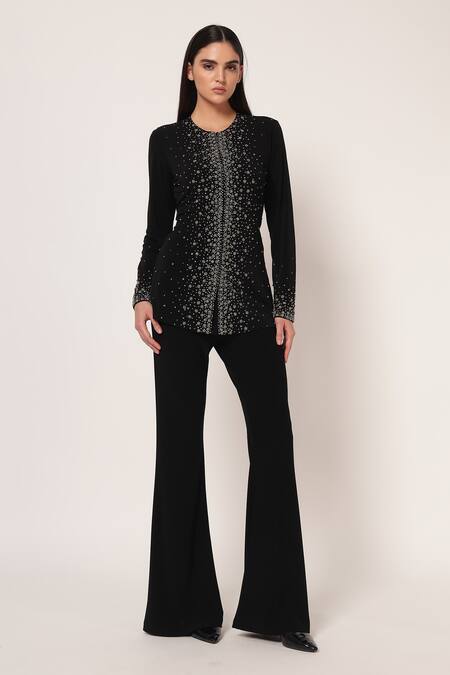 Shop_Namrata Joshipura_Black Jersey Sequins, Stones Round Neck Silver Dust Front Open Top With Pant _Online_at_Aza_Fashions