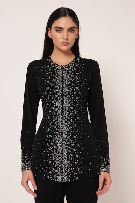 Namrata Joshipura_Black Jersey Sequins, Stones Round Neck Silver Dust Front Open Top With Pant _at_Aza_Fashions